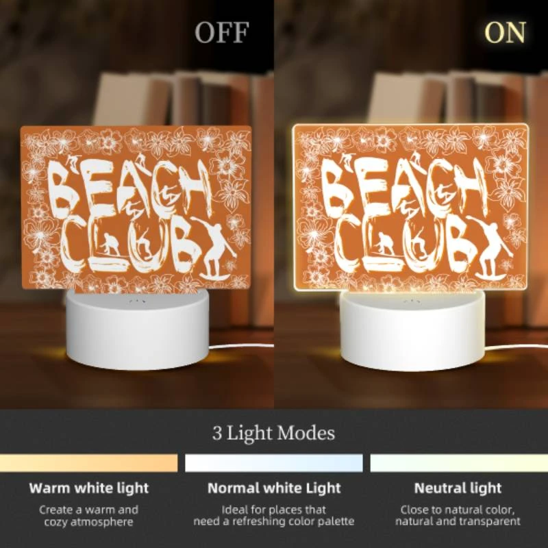 Rectangular Acrylic Night Light, A sign that says "Beach Club" with a picture of a surfer. Rectangular Acrylic Night Light, A Sign That Says "Beach Club" With A Picture Of A Surfer. -Pattern Diy Shop 08a59ea5e57acdf6f7e783f3f3ea9d875911d781