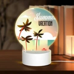 Round Acrylic Night Light, A Colorful Beach Scene With Palm Trees And A Sunny Sky.