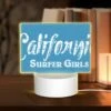 Rectangular Acrylic Night Light, A Blue Sign That Says "California Surfer Girls.".