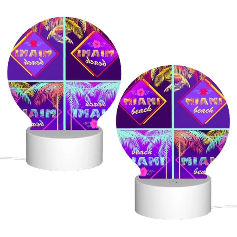 Round Acrylic Night Light, Four different colored images of palm trees and the word "Miami Beach" on them. Round Acrylic Night Light, Four Different Colored Images Of Palm Trees And The Word "Miami Beach" On Them. -Pattern Diy Shop 12d7f11ab3ea936883c3b1872a165061fa211f39