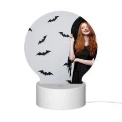 Round Acrylic Night Light, A Woman Wearing A Black Hat And A Black Dress With Bats On The Wall Behind Her. -Pattern Diy Shop 14fa6e06463c210120c9358d38b22017b52b47d3