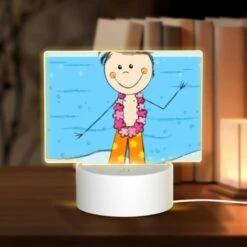 Rectangular Acrylic Night Light, A Cartoon Character Wearing A Lei And Shorts Is Standing On A Beach.