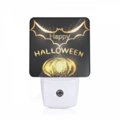 Night Light, A Happy Halloween Sign With A Pumpkin And Bats.