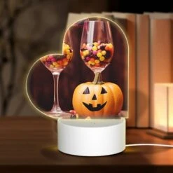 Love Acrylic Night Light, A Pumpkin Is Sitting Next To Two Wine Glasses Filled With Candy.