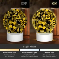 Round Acrylic Night Light, A Pattern Of Birds And Flowers On A Black Background. -Pattern Diy Shop 2634a4883b144d1aae6298c33003bb8692b90dec