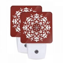 Night Light Set Of 2, A White And Red Flower Design On A Red Background.