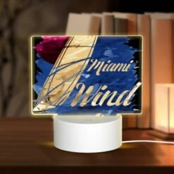 Rectangular Acrylic Night Light, A Painting Of A Sailboat With The Words "Miami Wind Surfing" Written On It.