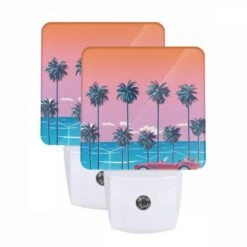 Night Light Set Of 2, A Red Sports Car Is Parked In Front Of A Row Of Palm Trees.