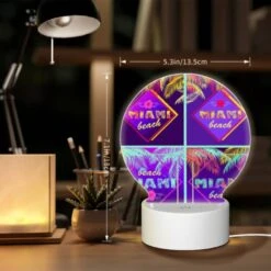 Round Acrylic Night Light, Four Different Colored Images Of Palm Trees And The Word "Miami Beach" On Them. 5 Round Acrylic Night Light, Four Different Colored Images Of Palm Trees And The Word "Miami Beach" On Them. -Pattern Diy Shop 2d4b4a1f35c8ae07f170f100d1e17de6aeff466d