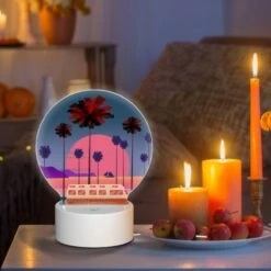 Round Acrylic Night Light, A Red And White Van Is Parked In Front Of A Palm Tree. -Pattern Diy Shop 30397a1a5d28b76f701a61b8c8515ab288ebe16b