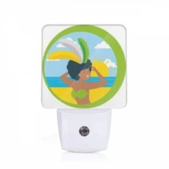 Night Light, A Woman Wearing A Grass Skirt And A Sun Hat Is Standing On A Beach.