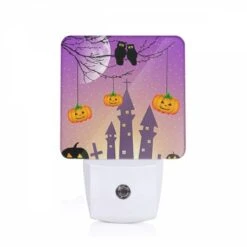 Night Light, A Purple And White Image Of A Castle With A Moon And Stars In The Background