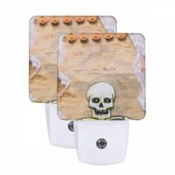 Night Light Set Of 2, A Skeleton Is Surrounded By Pumpkins And Spiders.