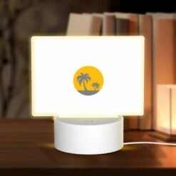 Rectangular Acrylic Night Light, A Yellow Sun With Two Palm Trees In The Middle Of A White Background.