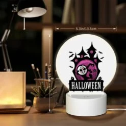Round Acrylic Night Light, A Halloween Poster With A Pink Background And A Haunted House. -Pattern Diy Shop 3c23c8fb94a5003ae1a4d2811723a24d75a6126a