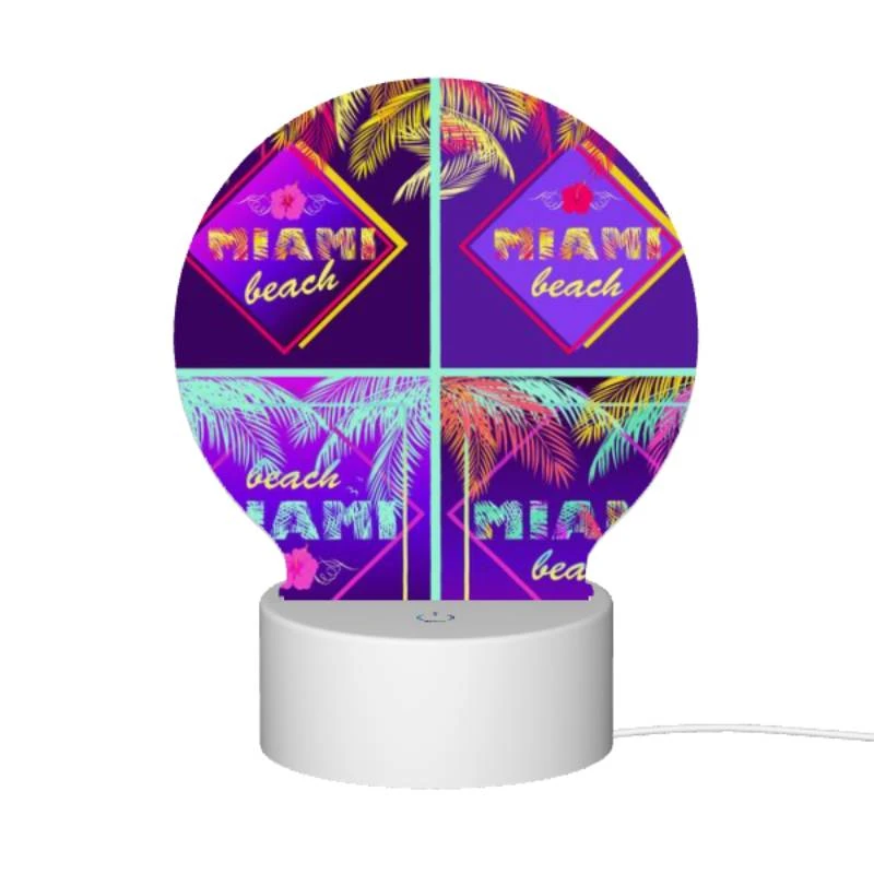 Round Acrylic Night Light, Four different colored images of palm trees and the word "Miami Beach" on them. Round Acrylic Night Light, Four Different Colored Images Of Palm Trees And The Word "Miami Beach" On Them. -Pattern Diy Shop 3edad98cfcf48494ec5b34e2ddd8e56b913451b4