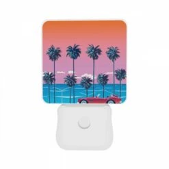 Night Light Set Of 2, A Red Sports Car Is Parked In Front Of A Row Of Palm Trees. -Pattern Diy Shop 40f1429743242995f6486dfdfa9cf00db304adfb