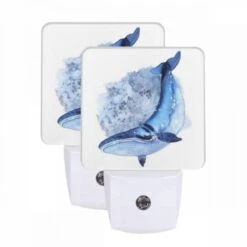 Night Light Set Of 2, A Blue Whale With A White Belly And Black Spots.