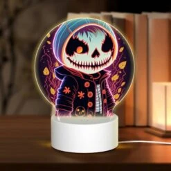 Round Acrylic Night Light, A Skeleton Wearing A Black Jacket And A Blue Hat.