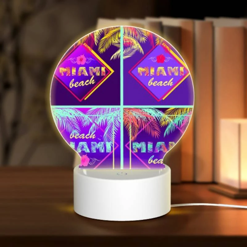 Round Acrylic Night Light, Four different colored images of palm trees and the word "Miami Beach" on them. Round Acrylic Night Light, Four Different Colored Images Of Palm Trees And The Word "Miami Beach" On Them. -Pattern Diy Shop 48e6c62dcd977414c4b1126a3c7df3f79fa09929