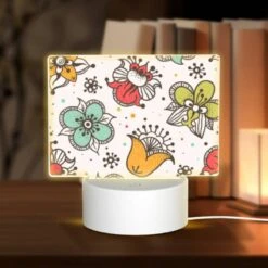 Rectangular Acrylic Night Light, A Colorful Floral Pattern With A Bird And A Fox.