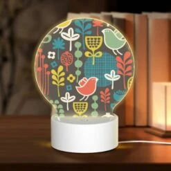 Round Acrylic Night Light, A Colorful Bird Pattern With A Bird In The Center.
