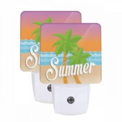 Night Light Set Of 2, A Colorful Cartoon Of A Palm Tree And The Word "summer" On A Beach.