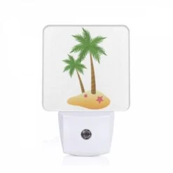 Night Light, A Green Palm Tree On A Sandy Beach.