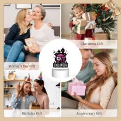 Round Acrylic Night Light, A Halloween Poster With A Pink Background And A Haunted House. -Pattern Diy Shop 4fb0e8b154c7e33bcbe6f78c3606c142073bf889