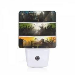 Night Light, Three Different Colored Pictures Of A Haunted House.