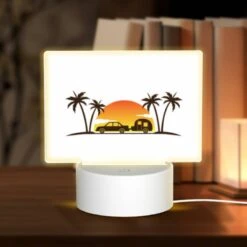 Rectangular Acrylic Night Light, A Car Is Driving Down A Road With A Camper Trailer Attached To It.