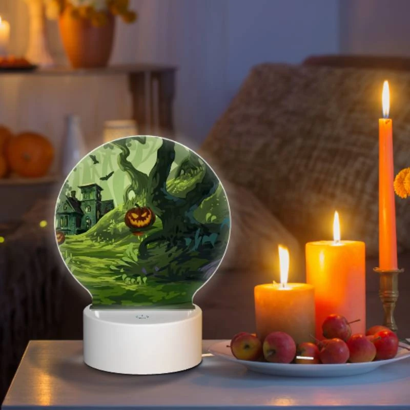 Round Acrylic Night Light, A colorful cartoon scene of a house with a pumpkin on the doorstep and a tree with a pumpkin on it. Round Acrylic Night Light, A Colorful Cartoon Scene Of A House With A Pumpkin On The Doorstep And A Tree With A Pumpkin On It. -Pattern Diy Shop 67c9698b9372c934c64d7171bf8f0dbded2ee60e