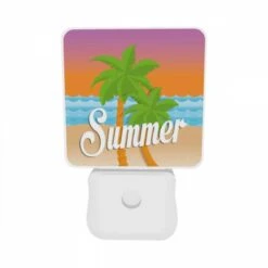 Night Light Set Of 2, A Colorful Cartoon Of A Palm Tree And The Word "summer" On A Beach. -Pattern Diy Shop 6dfaad758a8b66f6a27b2380546a6c407fa087dc