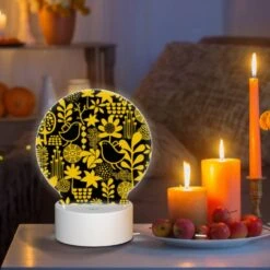 Round Acrylic Night Light, A Pattern Of Birds And Flowers On A Black Background. -Pattern Diy Shop 7399eba6727c4b08e2e9abba41413481e8605b86