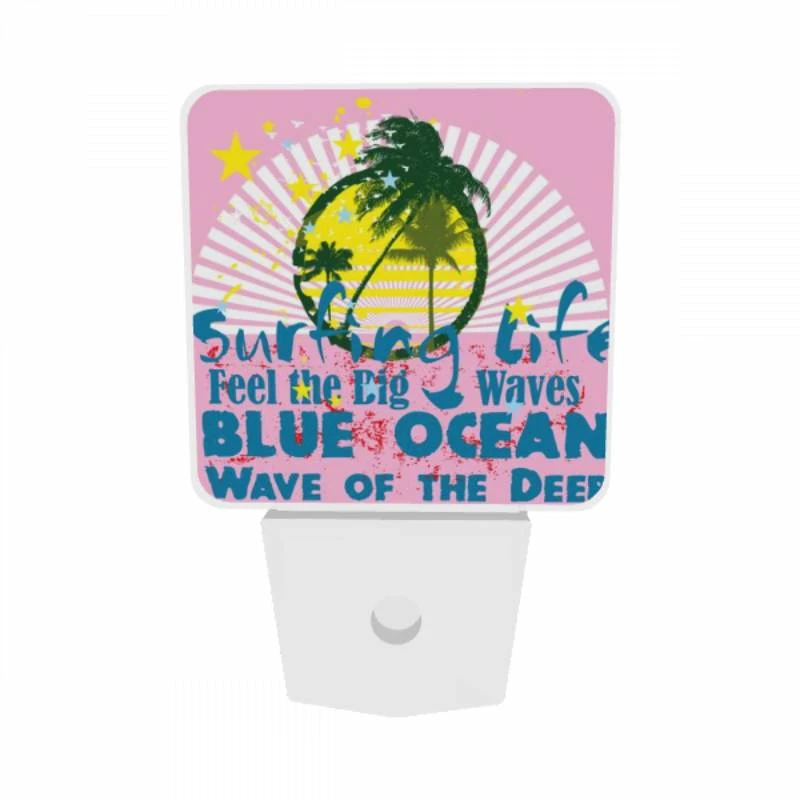 Night Light Set of 2, A pink and blue surfing poster with a big wave. Night Light Set Of 2, A Pink And Blue Surfing Poster With A Big Wave. -Pattern Diy Shop 777c3622e3a510caac955778929f7fc8fa308e8c