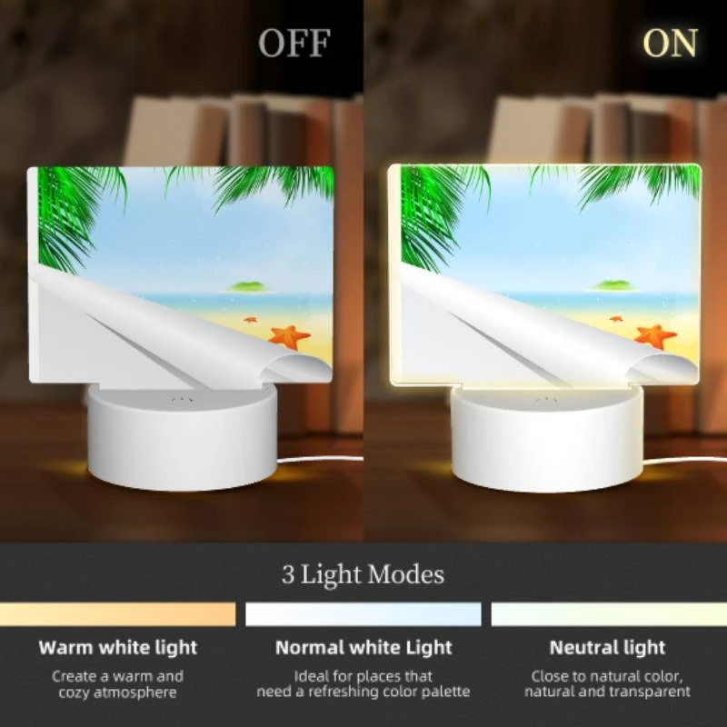 Rectangular Acrylic Night Light, A painting of a beach with palm trees and a starfish. Rectangular Acrylic Night Light, A Painting Of A Beach With Palm Trees And A Starfish. -Pattern Diy Shop 7a4a9a44f88893d24a45d3a1749f4c7e0f81a715