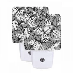 Night Light Set Of 2, A Black And White Image Of A Leafy Plant With A Pattern Of Dots.