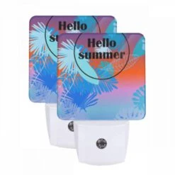 Night Light Set Of 2, A Blue And White Circle With The Word "hello" Written In It.