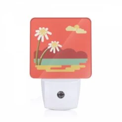 Night Light, A Red And Yellow Sunset With Two White Flowers.