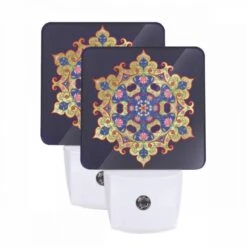 Night Light Set Of 2, A Blue And Gold Design With A Star In The Center.