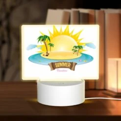 Rectangular Acrylic Night Light, A Cartoon Of A Sunny Beach With Palm Trees And A Sun.
