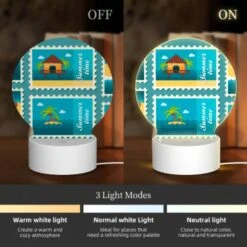 Round Acrylic Night Light, A Collection Of Six Different Colored Postage Stamps Featuring Beach And Tropical Themes. -Pattern Diy Shop 8b5a09735041ef8b84095d680378b7609d95d02c