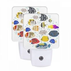 Night Light Set Of 2, A Colorful Group Of Fish Swimming In The Ocean.