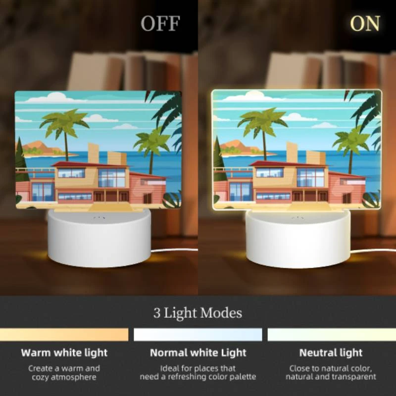 Rectangular Acrylic Night Light, A house is situated on a beach with a palm tree in front of it. Rectangular Acrylic Night Light, A House Is Situated On A Beach With A Palm Tree In Front Of It. -Pattern Diy Shop 8f443e5c6228a144402636aa5e68ab3e6b475187