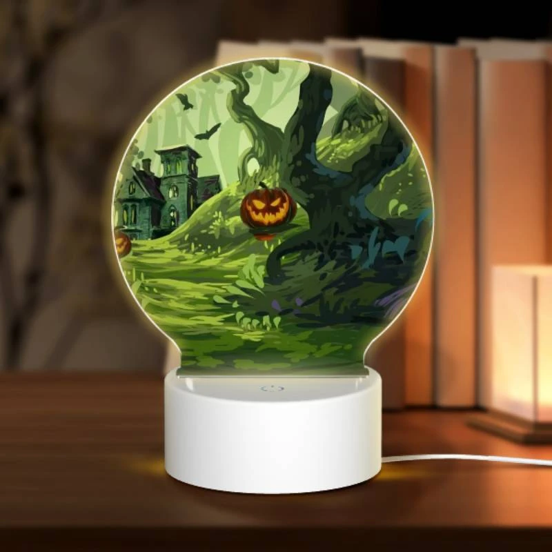 Round Acrylic Night Light, A colorful cartoon scene of a house with a pumpkin on the doorstep and a tree with a pumpkin on it. Round Acrylic Night Light, A Colorful Cartoon Scene Of A House With A Pumpkin On The Doorstep And A Tree With A Pumpkin On It. -Pattern Diy Shop 94feed2802ab95fb623f9ec67667c1bf72d86918