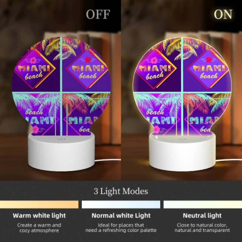 Round Acrylic Night Light, Four different colored images of palm trees and the word "Miami Beach" on them. Round Acrylic Night Light, Four Different Colored Images Of Palm Trees And The Word "Miami Beach" On Them. -Pattern Diy Shop 958c8b309b5605f46689e450f1b59e9025cc8609
