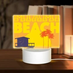 Rectangular Acrylic Night Light, A Poster Of Miami Beach With A Lighthouse And Palm Trees.