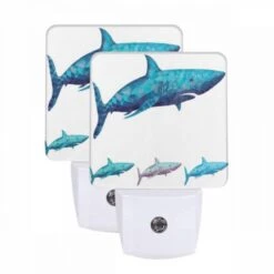 Night Light Set Of 2, A Blue Shark With A White Stripe On Its Head.