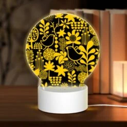 Round Acrylic Night Light, A Pattern Of Birds And Flowers On A Black Background.