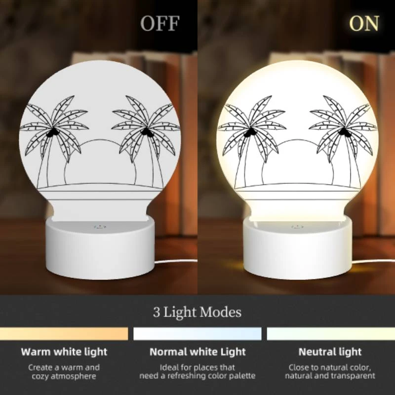 Round Acrylic Night Light, A black and white drawing of a hat with two palm trees on either side. Round Acrylic Night Light, A Black And White Drawing Of A Hat With Two Palm Trees On Either Side. -Pattern Diy Shop ae720850506896e0a088b526463eb7ea5ee2f79d